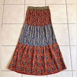 Peruvian Connection long earthy floral tiered maxi skirt